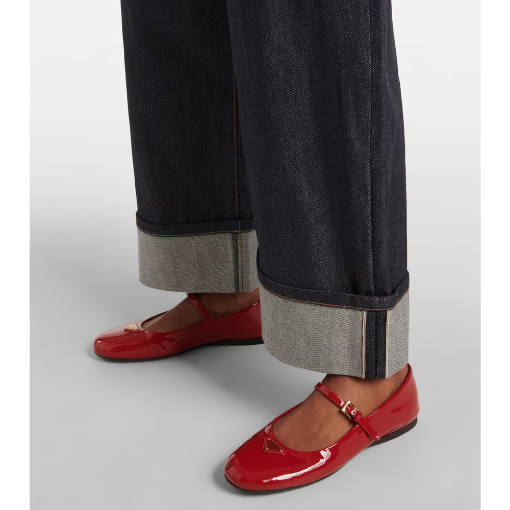 Prada Cherry Red Patent Gold Triangle Logo Mary Jane Ballerina Ballet Flat 38.5 - Picture 5 of 16